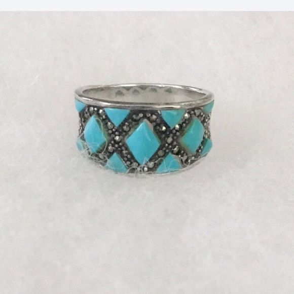 Vintage Sterling Turquoise Marcasite Inlay Ring 7.75 - Picture 6 of 12